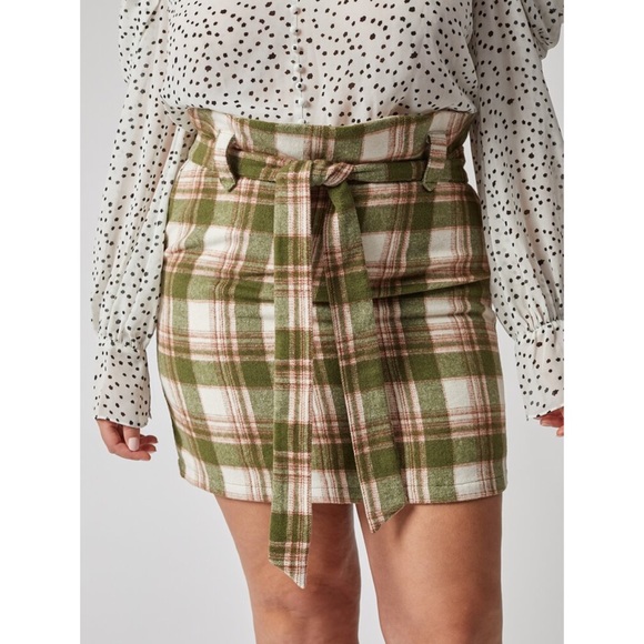 NEW Paperbag Waist Plaid Fuzzy Knit Belted Skirt - Picture 3 of 15